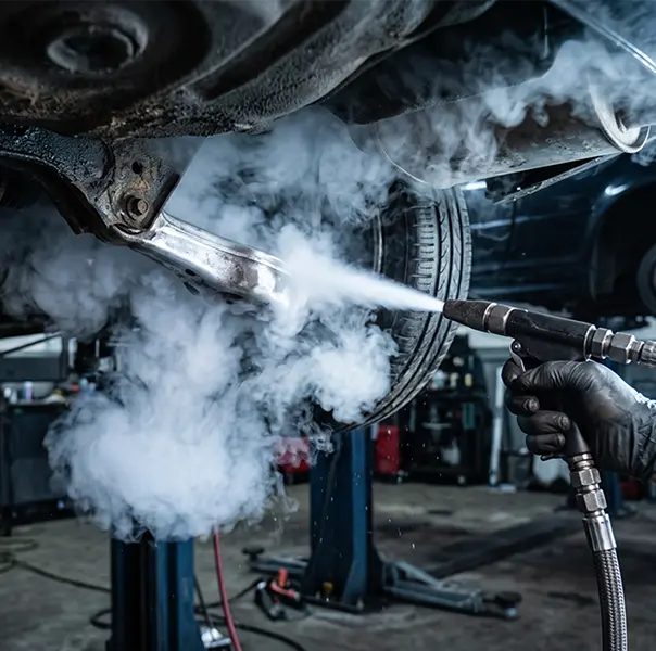 Dry ice detailing on an engine bay